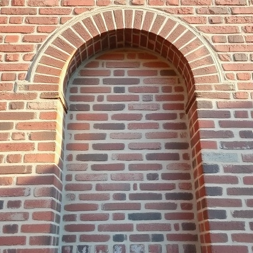 Capture a detailed image of a textured brick wall with a prominent arch, using a DSLR camera at f/8 aperture, ISO 100, 1/125 sec shutter speed, 35mm lens, shallow depth of field, natural lighting, and a slightly low angle to enhance perspective.