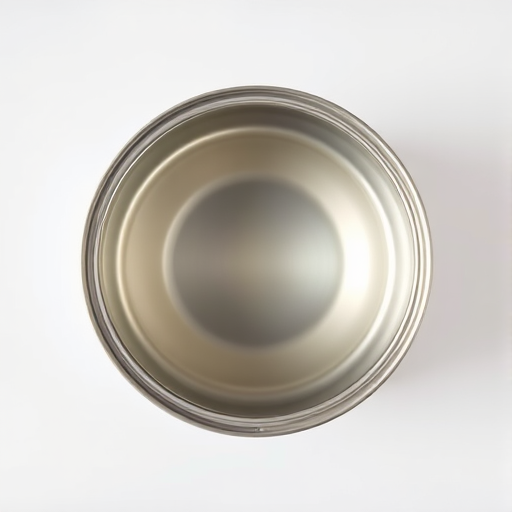 Generate a high-resolution image of an open tin can with a smooth surface and detailed lid, captured with a DSLR camera, 50mm lens, aperture f/2.8, shutter speed 1/100s, ISO 200, top-down view, soft natural lighting.