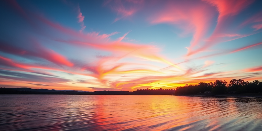 Create a high-resolution image of a scenic landscape at sunset, with vibrant colors in the sky reflecting on a calm lake, using a DSLR camera with a 24mm lens, aperture set to f/11, ISO 100, and a slow shutter speed of 1/15s for a smooth water effect, captured from a low angle viewpoint.