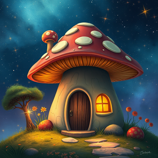 imagine illustration of a mushroom house with a door and a window, a storybook , fantasy art, mushroom house, bg starry sky, sparkles