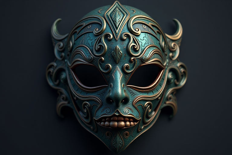 Create a highly detailed 3D render of a mystical mask with intricate patterns and a rich teal color, using a Canon EOS R5 with a 50mm f/1.2 lens at ISO 100, aperture f/8, and a soft studio light setup to enhance shadows and highlights.