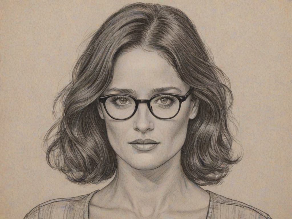 Stunning Robin Tunney, pencil sketch, portrait of Wonderful woman 1932s in glasses, hair style beatnik, outline, clear lines, fine lines, 8k