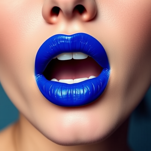 Fierce "Electric Blue" lips commanding attention with a bold, matte cobalt color, precisely applied for a sharp, edgy look