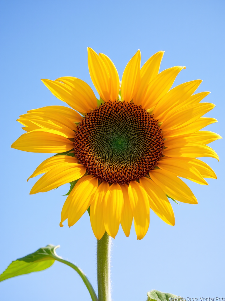 Capture a close-up shot of a single sunflower in a clear blue sky using a DSLR camera, f/2.8 aperture, ISO 100, shutter speed 1/2000s, natural light, and a macro lens for enhanced detail and vibrant colors.