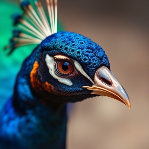 Capture a close-up of a peacock's head with vibrant feathers, using a DSLR camera at f/2.8 aperture, ISO 100, 85mm lens, natural lighting, shallow depth of field for a blurred background, and focus on the eye for enhanced detail and clarity.
