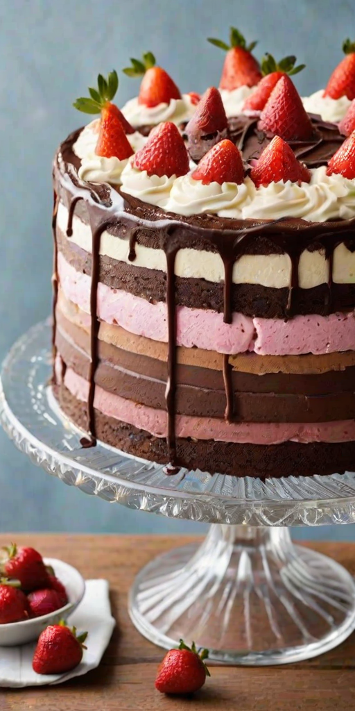 Create an image of a multi-layered ice cream cake. The cake should have distinct layers of chocolate, strawberry, and vanilla, all clearly visible. The top should be decorated with chocolate frosting and a few scoops of ice cream. Place the cake on a clear glass cake stand with a simple, soft background.