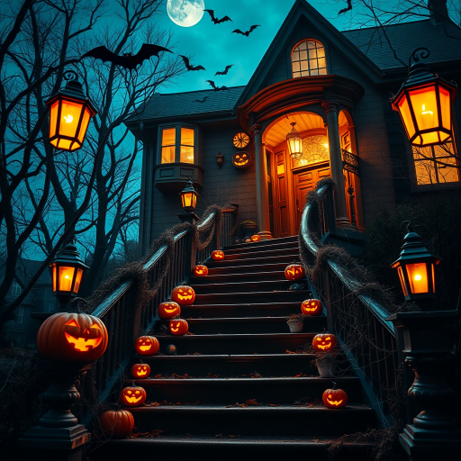 airbrushed oil painting, halloween theme, a haunted house, stairs, highly decorated, illuminated, lanterns, jack o'lantern, bats, webcobs