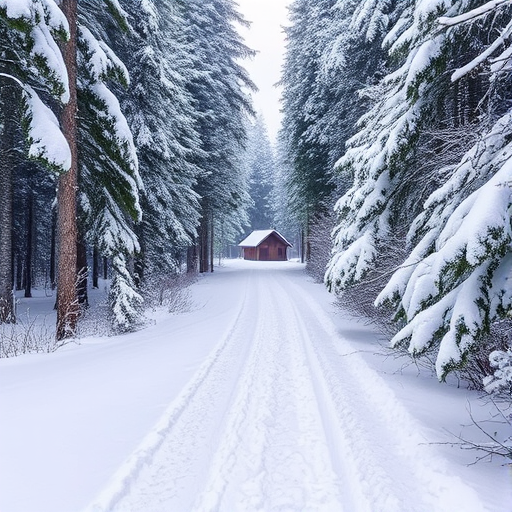 Snow-covered path leading through a dense forest, the crunch of boots in the fresh snow, and a small cabin visible in the distance.