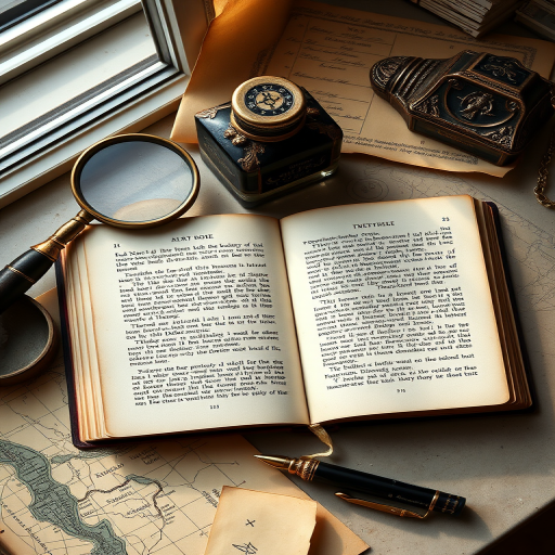 Create a flat lay image of an open antique book with visible text, accompanied by a vintage magnifying glass, an ornate ink bottle, a parchment map, and a stylish pen, shot with a Canon EOS R5, 35mm lens, f/2.8 aperture, ISO 100, natural light from a window for soft shadows and an atmospheric mood.