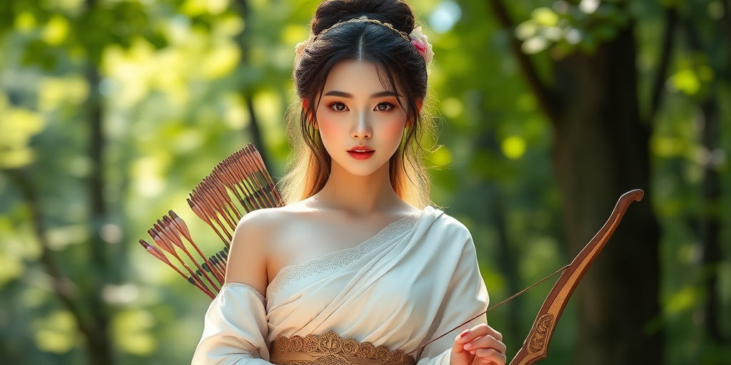 Create a portrait of a goddess-like Chinese girl figure in a tranquil, forested environment. She has an elegant appearance with long, wavy hair styled in an updo and adorned with a delicate, floral headband. She wears a flowing, ancient Greek-inspired gown in a soft, pale color, featuring a one-shoulder design and draped fabric that accentuates her graceful form. The outfit includes a decorative belt with ornate gold detailing, and she holds a bow in her hand, with a quiver of arrows slung over her shoulder. The background depicts lush greenery, with sunlight filtering through the trees, casting a gentle, ethereal light on the scene. Her expression is calm and contemplative, embodying a sense of wisdom and serenity.