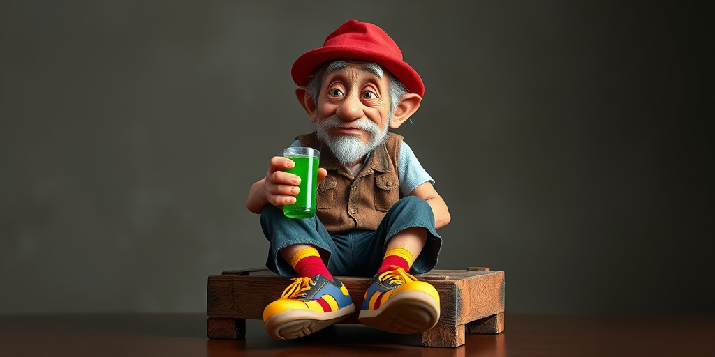 Create a detailed cartoon character of a disheveled old man with a missing arm, sitting on a wooden crate, holding a green drink, wearing a red hat and colorful oversized shoes, captured in a vibrant style, using a Canon EOS R5 with a 50mm lens at f/1.8, ISO 100, and a shallow depth of field for enhanced image quality, in a well-lit studio environment with a softbox.