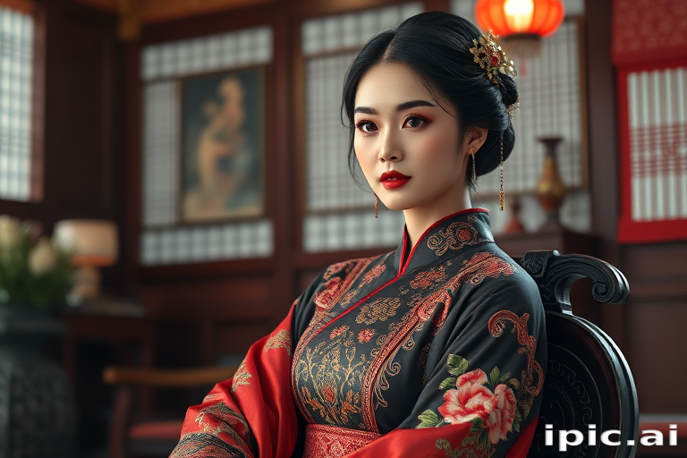 A beautiful woman in traditional East Asian attire, intricately detailed with embroidered patterns, sitting gracefully in a richly decorated room, soft ambient lighting, serene and elegant, ultra-realistic, 8K resolution