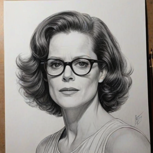 Gorgeous Sigourney Weaver, pencil sketch, portrait of Beauteous woman 1931s in glasses, hair style beatnik, outline, clear lines, fine lines, 8k