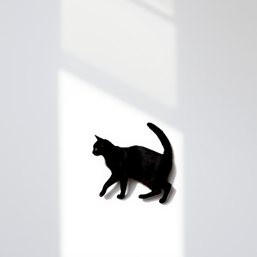 Create a high-resolution image of a minimalist cat silhouette in black against a white background, captured with a Canon EOS R5 at f/8, ISO 100, 50mm lens, using a flat lay perspective and natural light for optimal clarity.