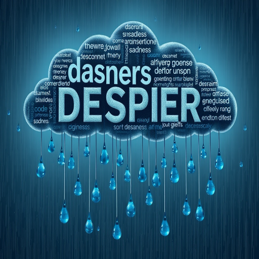 Create a high-resolution digital illustration of a cloud made of words such as despair, sadness, and grief, with large, realistic blue raindrops cascading downward, using a Canon EOS R5 with a 50mm f/1.2 lens, aperture set to f/2.8, ISO 100, and a soft, diffused lighting style to enhance image quality and depth, focusing on the contrast between the dark cloud and the bright raindrops.