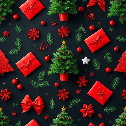 Create a seamless pattern of Christmas trees, red envelopes, and decorative foliage on a dark background, captured with a DSLR camera at f/8 aperture, ISO 100, 24mm focal length, top-down view, and using a vibrant color profile.