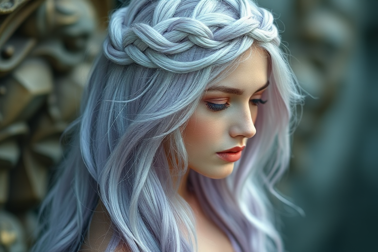 Mesmerizing silver-haired goddess with long, mermaid-like tresses, featuring subtle lavender highlights and intricate braided crown