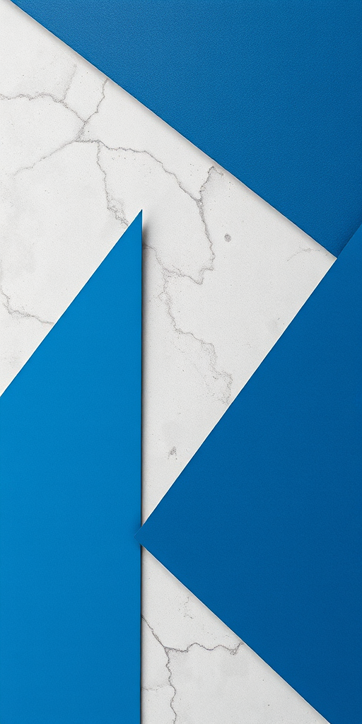 Generate a high-resolution abstract digital art image featuring bold blue and gray geometric shapes, using a Canon EOS R5 camera with a 24-70mm lens, f/8 aperture, ISO 100, and a 50mm focal length, top-down view, with soft lighting to enhance contrast and details.