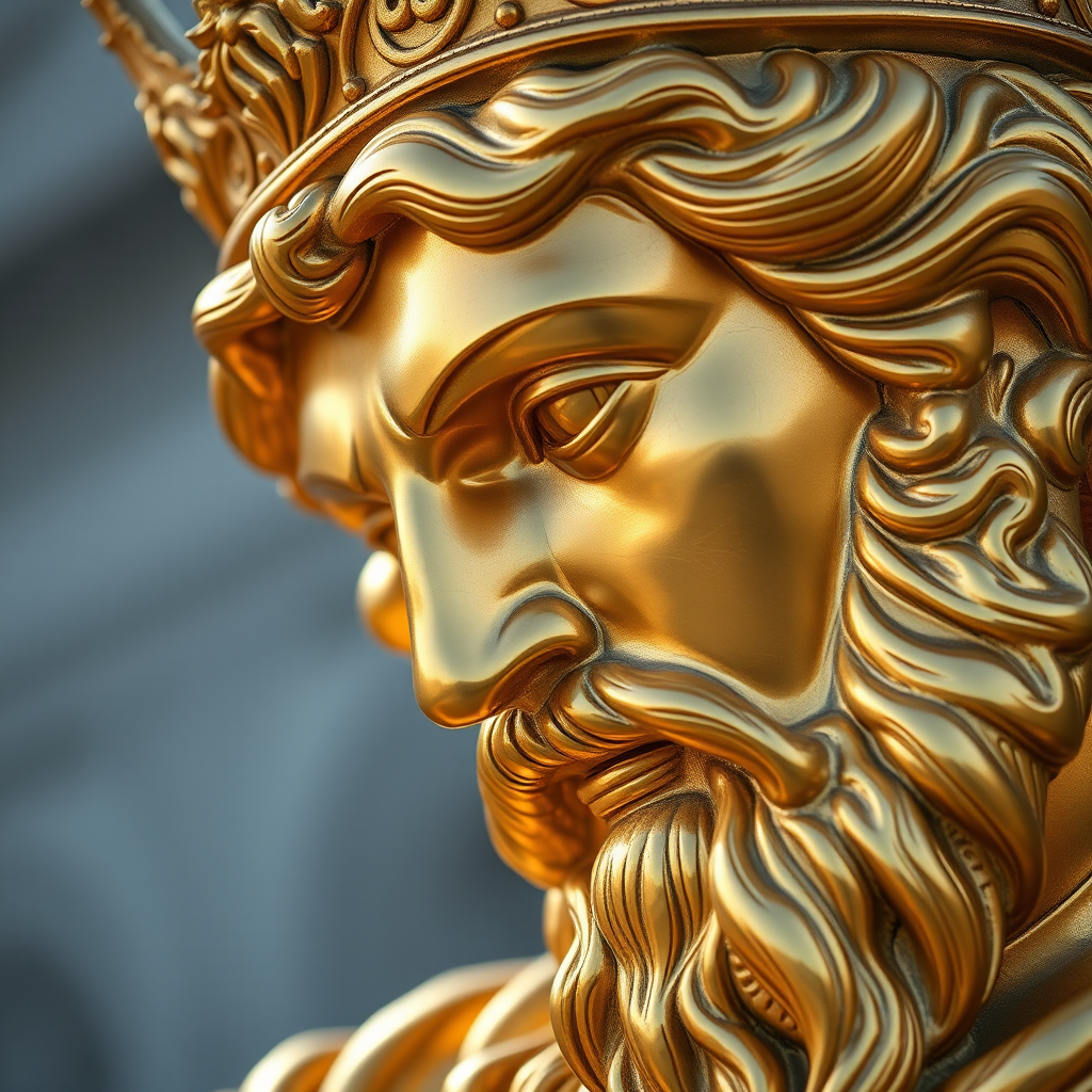 Create a hyper-realistic close-up of a golden statue of a historical figure with intricate details, soft natural lighting, shallow depth of field, focal length 50mm, aperture f/1.8, ISO 100, using a DSLR camera.