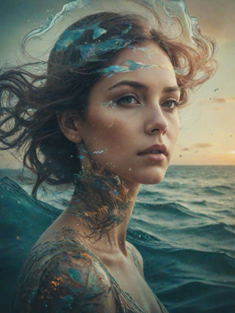 this photo is Book cover, A surreal double exposure portrait that blends a woman's face with a beautiful seascape. The overall mood is dreamy and mystical, with rich colors and intricate details