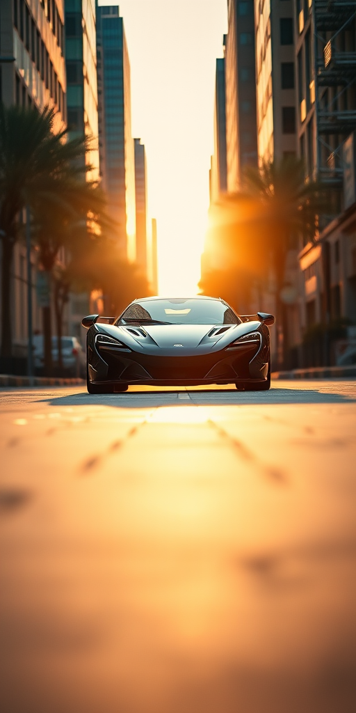 photograph a black luxury sports car in an urban setting at golden hour, low angle view, shallow depth of field, 50mm lens, f/1.8, ISO 100, 1/200 sec, DSLR camera, vibrant colors and sharp details