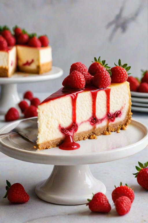 Generate an image of a cheesecake with a swirl of raspberry sauce on top, garnished with fresh strawberries. The cheesecake should be displayed on a white cake stand, with a slice cut out to show the creamy texture inside. The background should be simple and elegant, enhancing the dessert's vibrant colors.