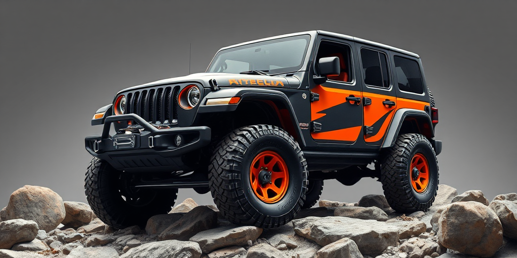 off-road vehicle illustration featuring a lifted Jeep with orange accents climbing rocks, high dynamic range, 50mm lens, f/2.8 aperture, ISO 100, in a studio setting with soft box lighting for enhanced detail and clarity