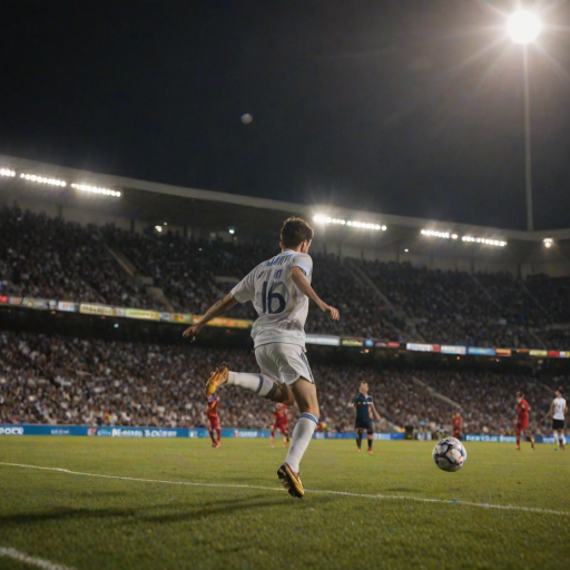 Blurry action shot of a soccer game in progress, the ball mid-air as a player attempts a goal, intense focus on the motion, distant spectators cheering, soft stadium lights casting long shadows on the field.