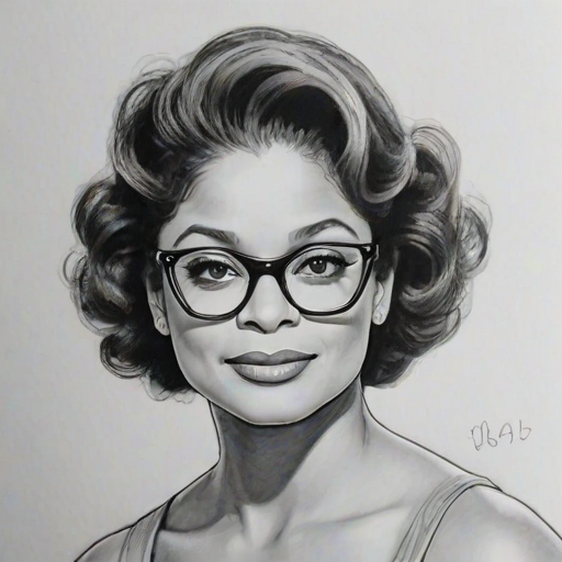 Superb Debbie Allen, pencil sketch, portrait of Lovely woman 1955s in glasses, hair style beatnik, outline, clear lines, fine lines, 8k