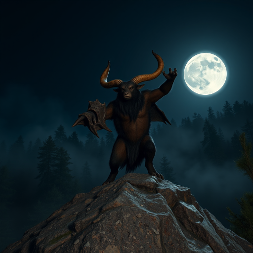 A mythical creature with large horns stands triumphantly on a rocky outcrop under a bright full moon, surrounded by a dark, misty forest in the background, high-resolution, shot with a Canon EOS R5, 24mm lens, f/1.4, ISO 100, long exposure for enhanced details and atmospheric lighting.