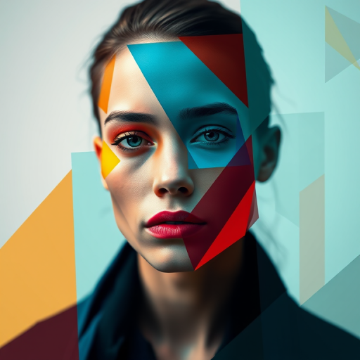 abstract portrait with geometric shapes and vibrant colors, high dynamic range, 50mm lens, f/1.8, ISO 100, natural light, soft focus background, digital painting style, high resolution