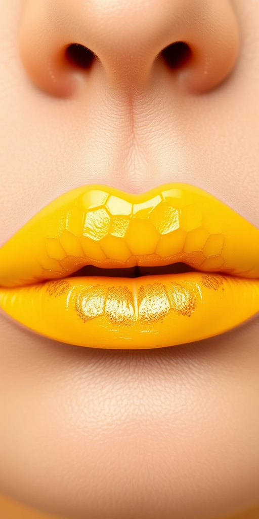 Pastel yellow lips with honeycomb patterns in gold, christened "Sunshine Nectar," create a cheerful and unique look with a creamy finish for springtime brunches and picnics