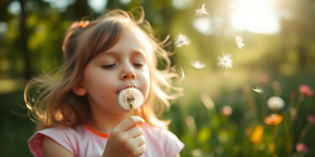 Blurry candid shot of a young girl blowing dandelion seeds into the wind, soft sunlight filtering through the surrounding trees, with distant flowers swaying gently in the breeze.