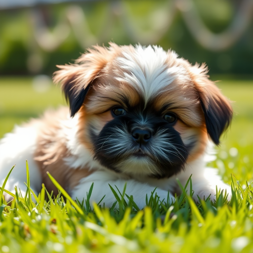 A fluffy Shih Tzu puppy resting on green grass in a sunny outdoor setting, captured with a Canon EOS R5, 50mm f/1.2 lens, aperture f/2.8, shutter speed 1/200s, ISO 100, shallow depth of field, soft natural light.