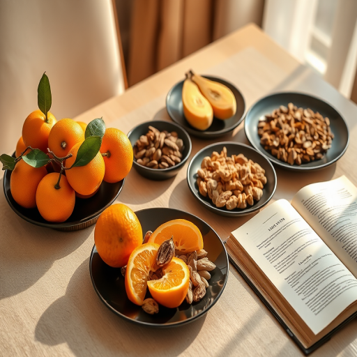 a cozy table setting featuring an assortment of fruits including oranges and longan, alongside various nuts and seeds displayed in elegant black plates, with a partially visible open book on the table, warm natural lighting illuminating the scene