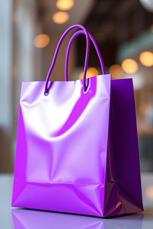Create a vibrant purple shopping bag with a glossy finish, shot with a Canon EOS 5D Mark IV at 50mm, f/2.8, ISO 100, with soft diffused lighting and a shallow depth of field to enhance details and colors.