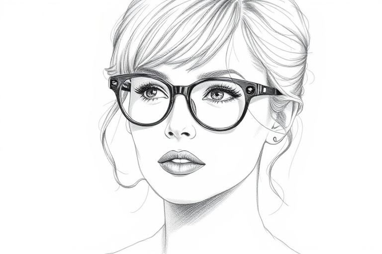 Beautiful Rosamund Pike, pencil sketch, portrait of beautiful woman 60s in glasses, hair style beatnik, outline, clear lines, fine lines, 8k