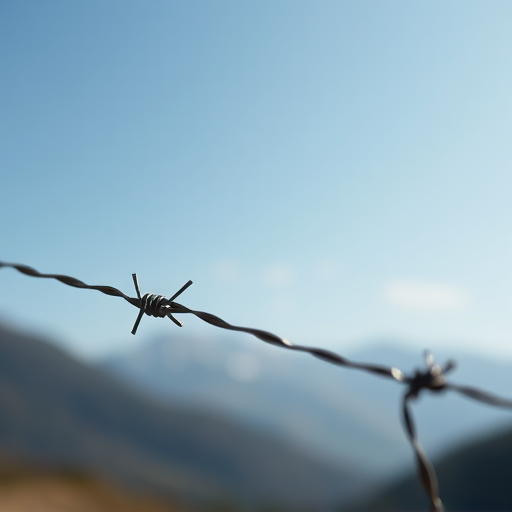 A detailed shot of barbed wire fencing with blurred background mountains, using a 50mm lens, f/2.8 aperture, 1/500 sec shutter speed, natural lighting, taken with a DSLR camera from a low angle perspective to enhance depth and focus on the wire details.