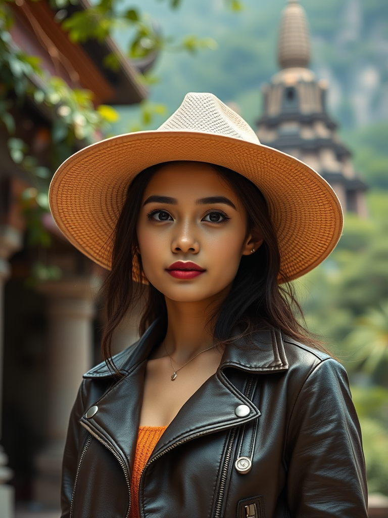 Create a portrait of a young woman wearing a wide-brimmed hat and a leather jacket, set against a lush, ancient temple background, using a Canon EOS R5 with a 50mm f/1.2 lens, aperture set to f/1.2 for a shallow depth of field, ISO 100 for optimal clarity, and natural light to capture vibrant colors and details.