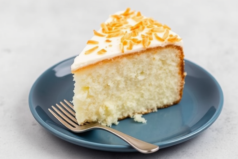 A slice of coconut cake topped with golden toasted coconut flakes served on a blue plate with two forks beside it against a light gray background.