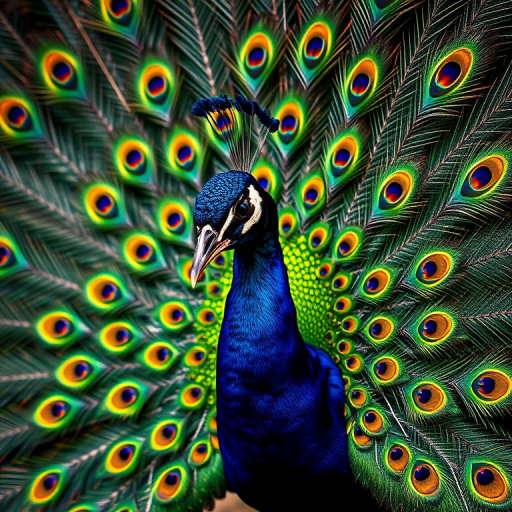 Create a high-resolution digital illustration of a peacock with vibrant, colorful feathers displayed in a fan shape, using a Canon EOS R5 camera with an aperture of f/2.8, ISO 100, and a wide-angle lens, capturing a sharp and detailed image with a focus on the texture and colors of the feathers.