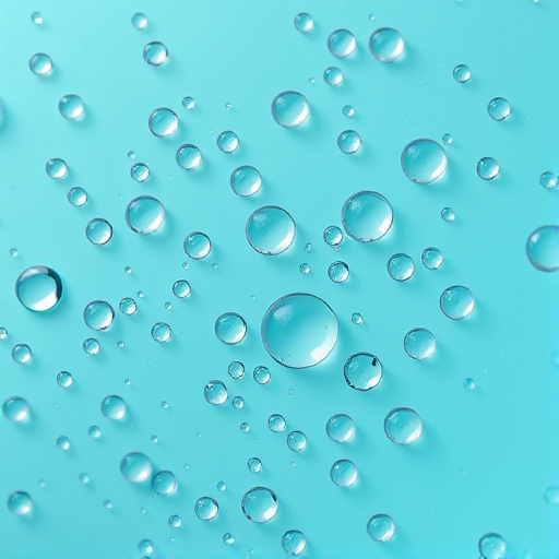 Create an image of a turquoise background with varying sizes of translucent water droplets scattered throughout, using a macro lens setting at f/2.8, ISO 100, with a shallow depth of field and a soft focus effect to enhance the clarity and detail of the droplets.