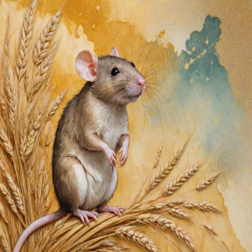 Soft, muted Alcohol Ink with ebru effect background image of tiny whimsical rat, who climbed high on the top of a golden rye ear.
