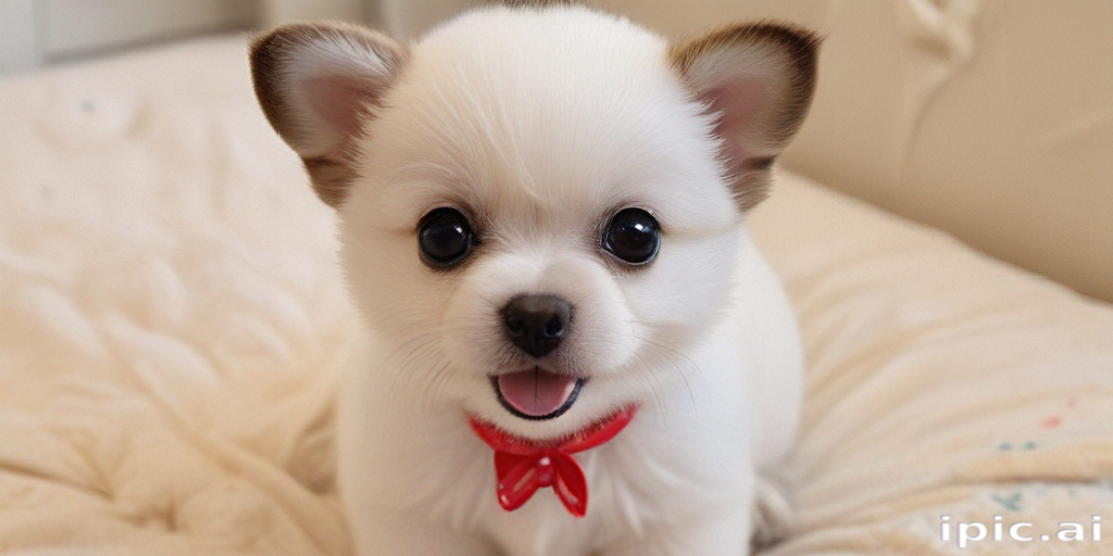 Adorable fluffy puppy with big eyes and a red bow tie.