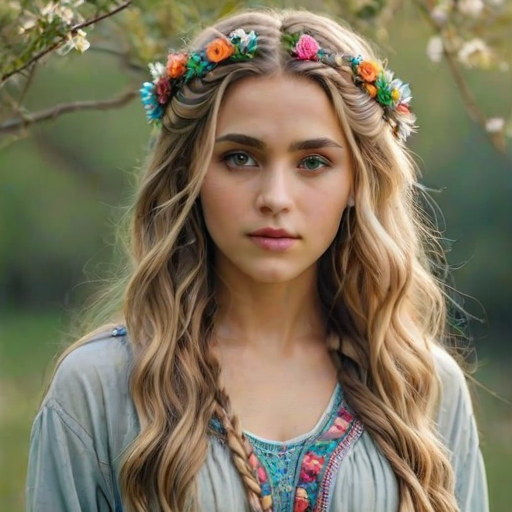 Create an image of a young Afghan woman with long, wavy blonde hair, adorned with small, colorful flowers woven into her braids and loose strands. Her complexion is fair, with soft, glowing skin, and she has light blue eyes that gaze softly at the viewer. She wears a light, flowing dress with a gentle, ethereal quality, complementing her delicate and serene appearance. The background is slightly blurred, drawing focus to her tranquil expression and the intricate details of the flowers in her hair. The overall mood of the image is one of natural beauty and grace, evoking a sense of peacefulness and connection with nature.