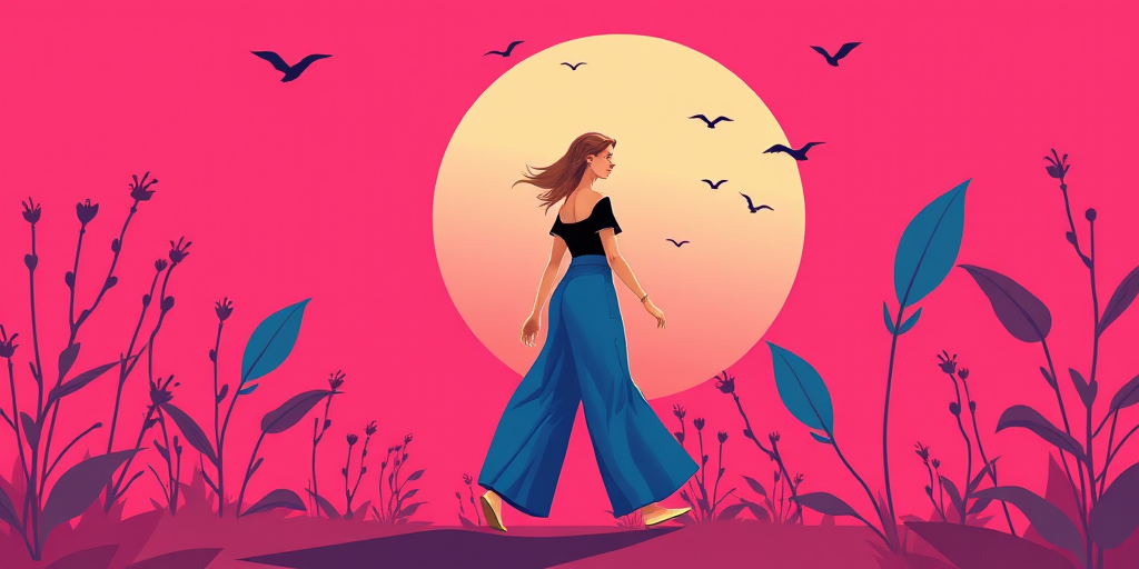 regenerate an illustration of a woman in a black top and blue high-waisted pants walking against a vibrant pink background with a large circular sun setting, surrounded by stylized plants and flying birds, shot with a Canon EOS R5, 50mm lens, f/1.8 aperture, in a soft focus style for a dreamy effect