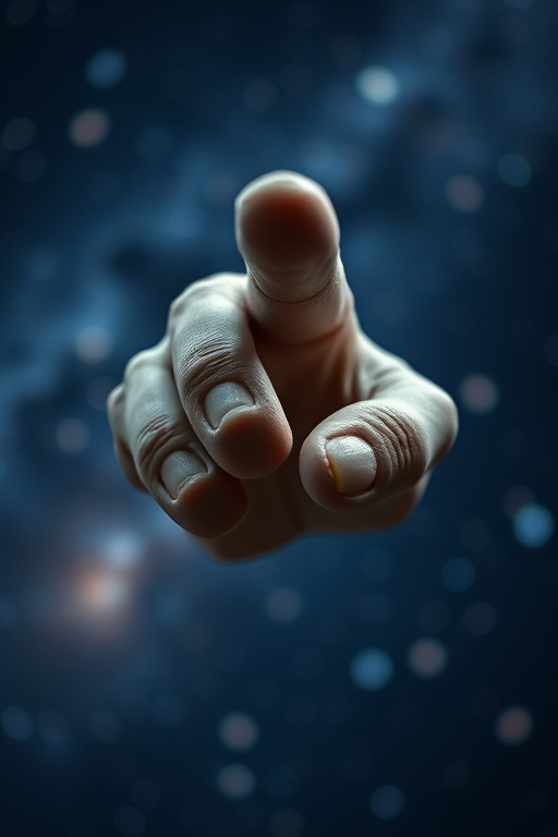 Close-up of a sculpted hand pointing, with a cosmic background featuring stars and nebulae, taken with a DSLR camera, 50mm lens, f/1.8 aperture, ISO 100, shutter speed 1/200s, in macro photography style.