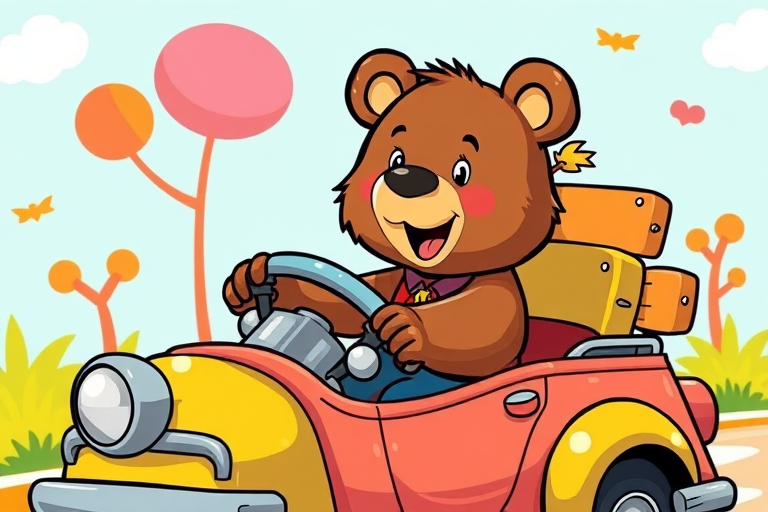 Create a colorful illustration of a cartoon bear driving a quirky, vintage-style vehicle with a vibrant, playful background, shot with a DSLR camera using a 50mm lens, f/2.8 aperture, ISO 100, in bright daylight.
