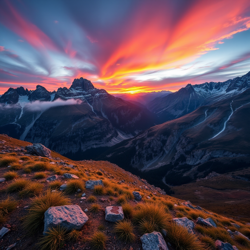 Generate a high-resolution image of a mountainous landscape at sunrise with vibrant colors, using a Canon EOS R, 24mm lens, aperture f/8, shutter speed 1/100s, ISO 100, and a wide-angle view to capture depth and detail.