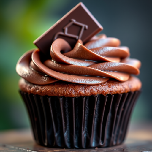 Regenerate a realistic image of a chocolate cupcake with swirls of chocolate frosting and a piece of chocolate on top, shot with a DSLR camera at f/2.8 aperture, ISO 100, 50mm lens, natural lighting, macro view to enhance details and provide vibrant colors.